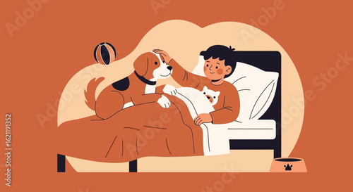Boy Relaxing In Bed With His Dog And Cat For Adobe Stock