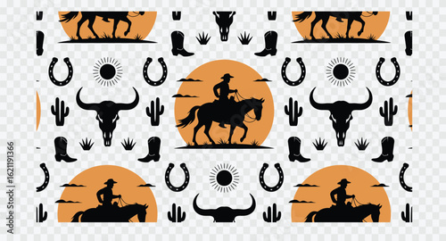 Westernthemed seamless pattern featuring cowboys, horses, cacti, and bull skulls on a transparent background