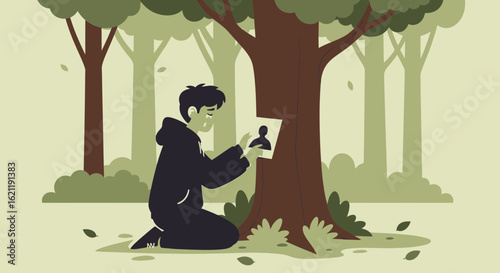Boy Remembers Lost Loved One In Forest Under Tree With Sad Expression