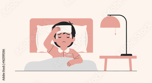 Boy Resting In Bed At Home, Feeling Sick With A Compress On His Forehead