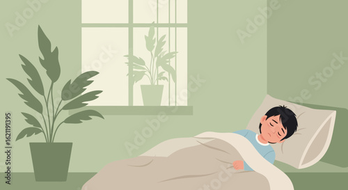 Boy Resting In His Bed With Plants Beside And Behind Him Indoors