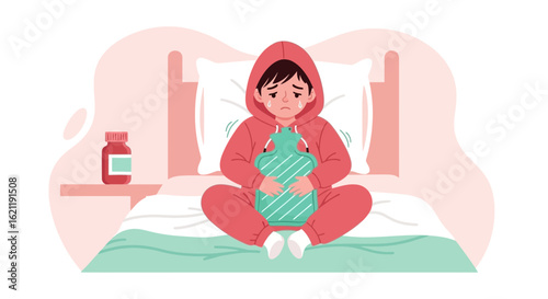 Boy Sick In Bed With Hot Water Bag And Medicine On Bedside Table