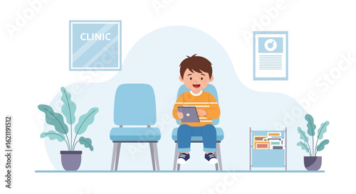 Boy Sits In Waiting Room Using Tablet At Doctor's Office Or Hospital
