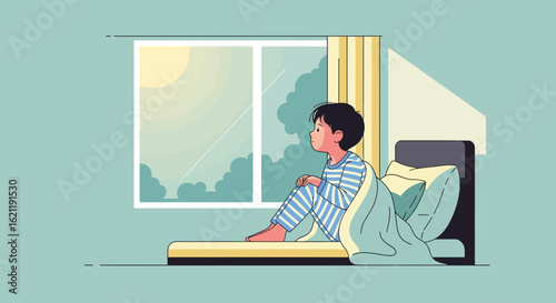 Boy Sitting On Bed Looking Out Window In The Morning Cartoon Illustration