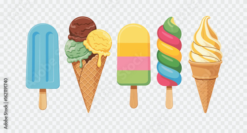 A vibrant collection of assorted ice cream cones and popsicles, showcasing a variety of flavors and designs