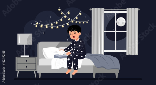 Boy Suffering Cold Sitting On Bed During Night Under Moonlight