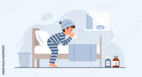 Boy Suffering From Cold, Flu, And Sneezing While Lying In Bed