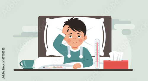 Boy Suffering From Fever Touching Head Lying On Bed Having Temperature