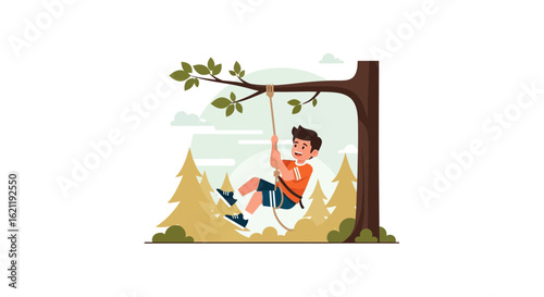 Boy Swinging On a Rope Hanging from a Tree in the Forest