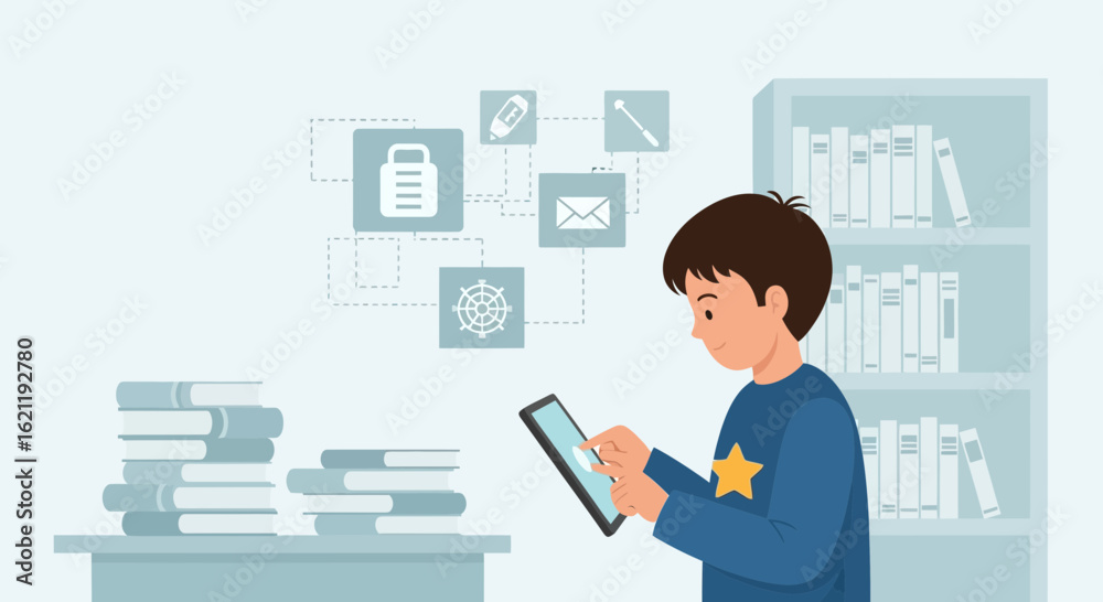Fototapeta premium Boy Using Tablet For School Or Business With Books And Icons