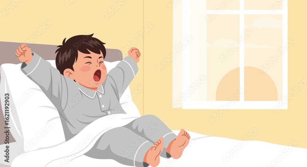 Fototapeta premium Boy Waking Up And Stretching In Bed, Morning Routine Illustration Vector