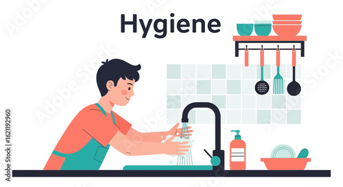 Boy Washing Hands In The Kitchen For Covid19 Prevention And Personal Hygiene