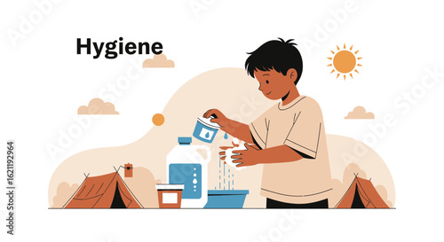 Boy Washing Hands In Outdoor Setting Demonstrates Essential Hygiene Practices