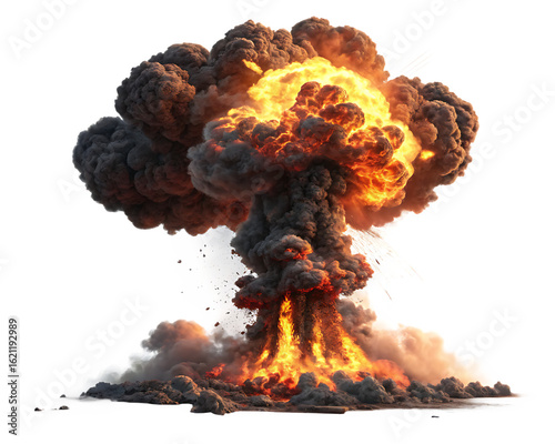 Massive nuclear explosion with a mushroom cloud, fire, smoke, and debris isolated on transparent background