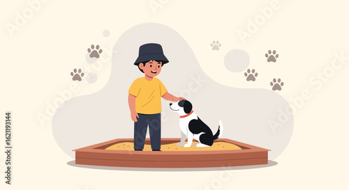 Boy with a bucket hat petting his loyal dog in a sandbox illustration