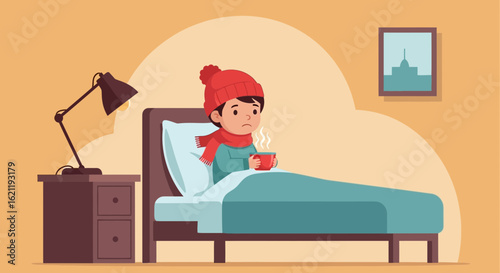 Boy With Cold Staying At Home And Drinking Hot Beverage For Treatment