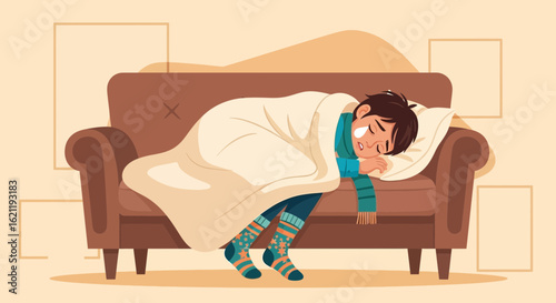 Boy With Cold Resting On Sofa Under Blanket Feeling Unwell