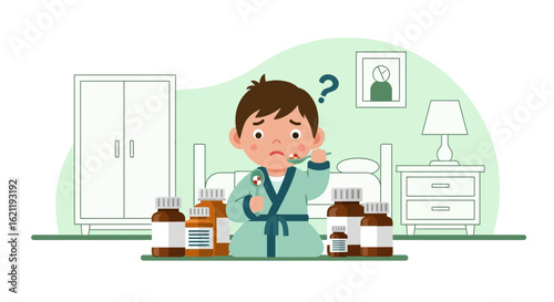 Boy With Confusion Surrounded By Medication In Bedroom With Question Mark