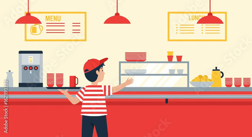 Boy Working In A Restaurant Or Cafeteria Serving Drinks And Food To Clients