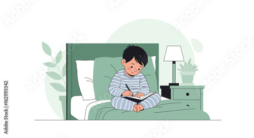 Boy Writes In His Notebook Sitting On Bed Illustration