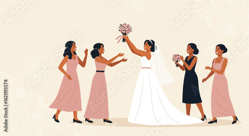 Bridal Party Celebrates With Bouquet Toss At Outdoor Wedding Ceremony