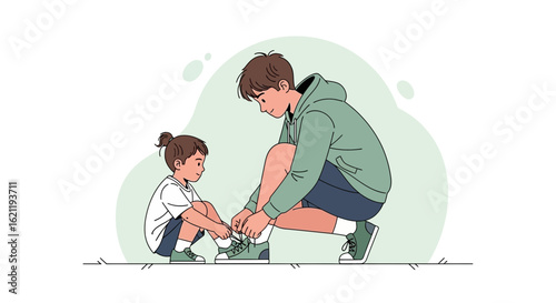 Brother Helping Younger Sister To Tie Shoelaces In A Minimalist Style