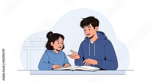 Brother Teaches Sister And Assists Her With Homework Or Studies Together