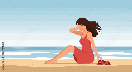 Brunette Seated Beachside Experiencing Emotion With Sea View In Daylight