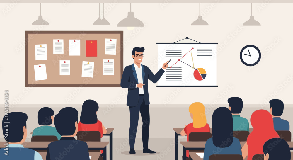 Obraz premium Business Presentation With Man Explaining Graph To His Colleagues Audience