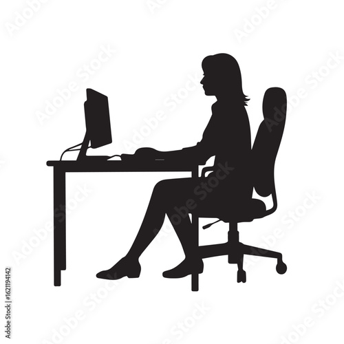 Silhouette of a woman working at a desk with a computer, black silhouette vector, Simple silhouette Design vector icon with white background 