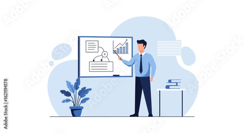 Business Presentation With Growing Charts And Flowchart In Light Blue Colors