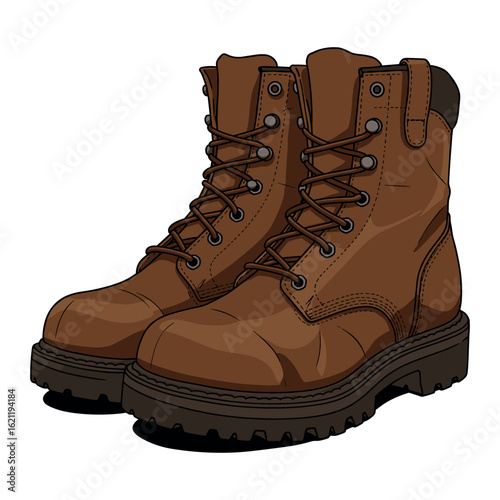 Durable brown leather work boots with laces and thick soles for outdoor wear