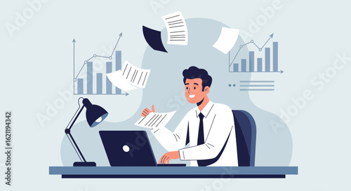 Businessman Analyzing Data With Laptop And Flying Documents In Modern Workplace