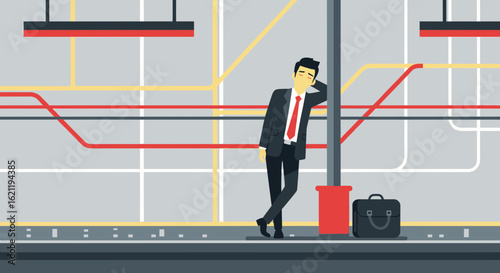 Businessman Exhausted Leaning Against Pole Waiting On Public Transport Station