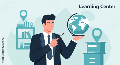 Businessman Presenting Global Business Concepts with Globe and Pointer
