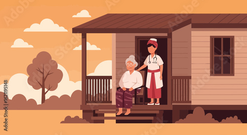 Caring Home Nurse Gives Support to Elderly Woman On The Porch House