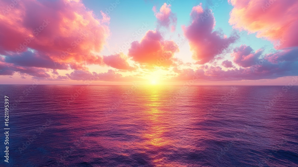 Obraz premium Sunset over tranquil ocean. Colorful clouds reflect on the water's surface