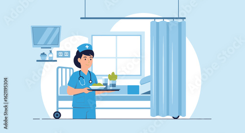 Caring Nurse Bringing Meal To Patient In Hospital Room Illustration