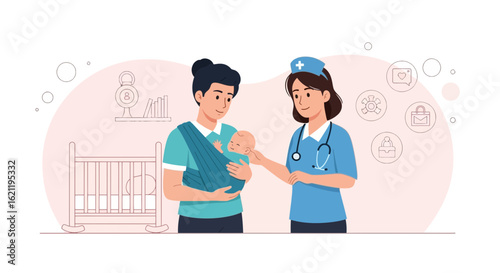 Caring Nurse Checks New Mother And Newborn Child During A Home Visit