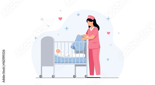 Caring Nurse Preparing The Crib For A Newborn Child In Hospital