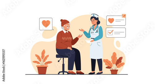 Caring Nurse Providing Healthcare Services to Elderly Man With Heart Checkup