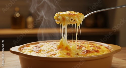 Delicious homemade mac and cheese in a baking dish with hot steam