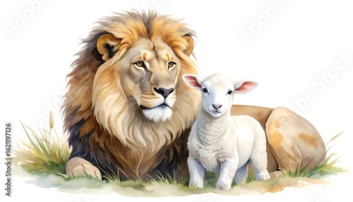 Majestic lion and lamb, peaceful scene