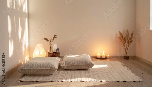 Cozy Meditation Room with Cushions Candles and Spiritual Elements In Natural Light