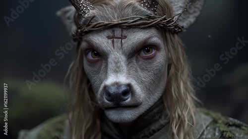 Mystical deer-human hybrid with crown of thorns in forest.