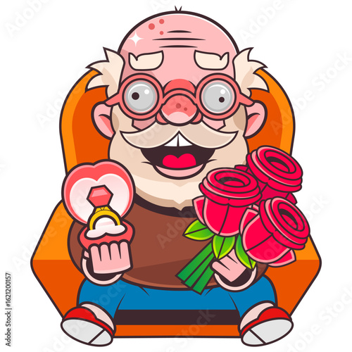 Loving man close excited woman eyes make marriage proposal. Smiling guy surprise girl with engagement ring. Weeding and relationship. Vector illustration.