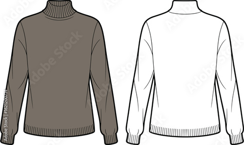 Mock neck pullover sweater front and back view, flat fashion sketch, vector template for apparel design, technical cad drawing