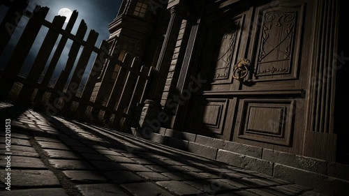 Spooky mansion entrance on a cobblestone street at night. Eerie gothic house with a large wooden door under a full moon, casting long shadows.
