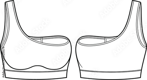 One shoulder sports bra flat sketch front and back view, technical vector illustration, activewear fashion CAD drawing template