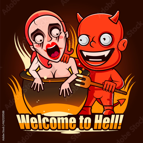 Graphic hand draw red and orange drawn sign Welcome to Hell banner. On black grunge background. Halloween vector icon.